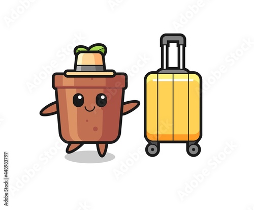 plant pot cartoon illustration with luggage on vacation