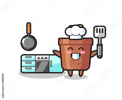 plant pot character illustration as a chef is cooking