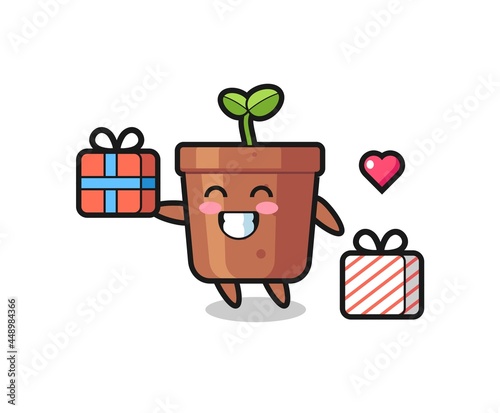 plant pot mascot cartoon giving the gift
