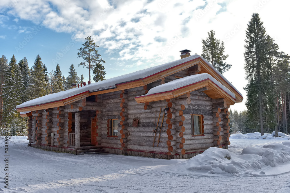 log cabin in a pine forest in winter log cabin in a pine forest in winter