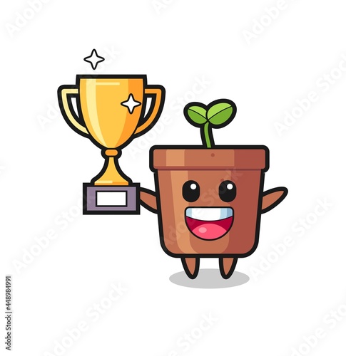 Cartoon Illustration of plant pot is happy holding up the golden trophy