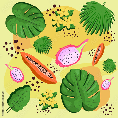 Tropical leaves summer background vector. Includes leaf shapes, durian, papaya and flowers. Botanical design for fabrics, wallpapers, postcards. Summer pattern.Vector background.