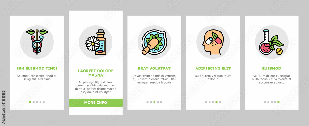 Homeopathy Medicine Onboarding Mobile App Page Screen Vector. Medicaments And Vitamins Prepared From Natural Bio Plant, Homeopathy Pills And Drug Container Illustrations