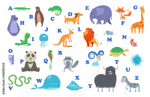 Set of Cute cartoon wild and farm domestic animals and birds isolated on white transparent background