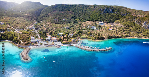 Aerial view of the little fishing village Kitries with a small marina and beach, Mani area, Peloponnese, Greece