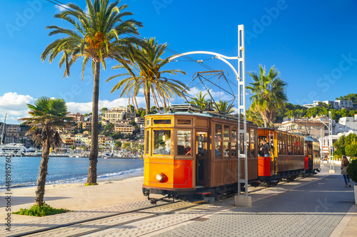 The famous orange tram runs from Soller to Port de Soller, Mallorca, Spain 