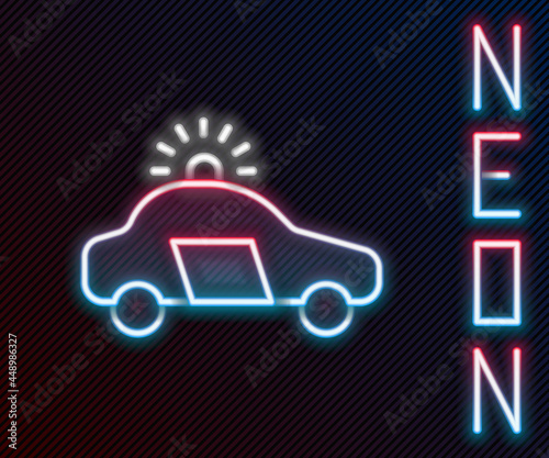 Glowing neon line Police car and police flasher icon isolated on black background. Emergency flashing siren. Colorful outline concept. Vector