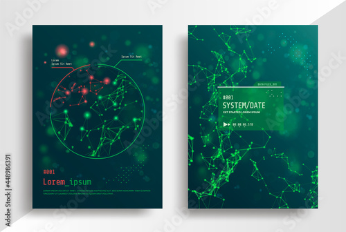 Biotechnology poster or cover with abstract molecular structure. Brochure for medical and science innovation. Data Technology flyer.