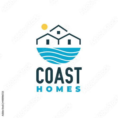 Coast Homes logo design, Wave Sea Water Ocean with Home House Building Cabin Cottage and Sun Sunrise Sunset logo design. Coastal, Pier, Beach, Beachfront and Waterfront logo design inspiration