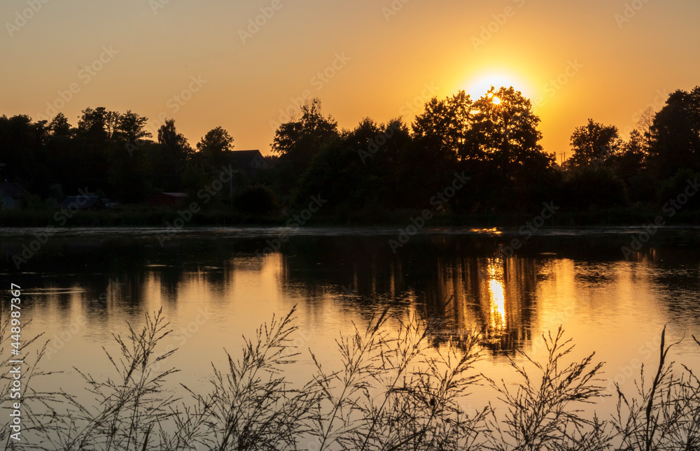 The setting sun over the pond in Ilownica