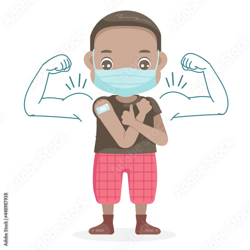 Little boy black skin kid in face mask gesturing thumb up. Open shoulders for vaccination after receiving covid-19 vaccine injection. Kid approving of coronavirus immunization concept.