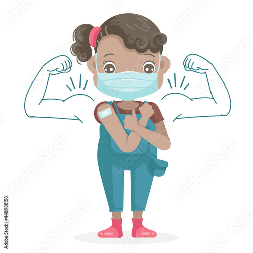 Little girl black skin kid in face mask gesturing thumb up. Open shoulders for vaccination after receiving covid-19 vaccine injection. Kid approving of coronavirus immunization concept.
