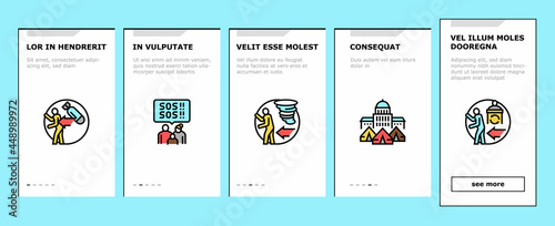 Refugee From Problem Onboarding Mobile App Page Screen Vector. Man And Family Refugee Escape From War And Hurricane, Worldwide Donation And Help, Illustrations