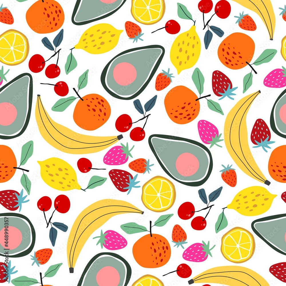 Seamless pattern with berries, fruits and vegetables. Avocado, watermelon, lemon, banana, orange, strawberry, cherry, apple. A bright illustration for application on fabric, paper, for posters and dec Seamless pattern with berries, fruits and vegetables. Avocado, watermelon, lemon, banana, orange, strawberry, cherry, apple. A bright illustration for application on fabric, paper, for posters and dec