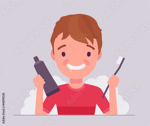 Child boy keeps teeth clean by brushing, holding toothpaste, toothbrush. Good oral care and hygiene, stomatology for children happy healthy habit, dental cleanings and exams. Vector illustration