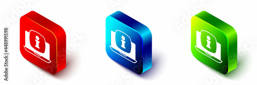 Isometric Laptop with information icon isolated on white background. Red, blue and green square button. Vector