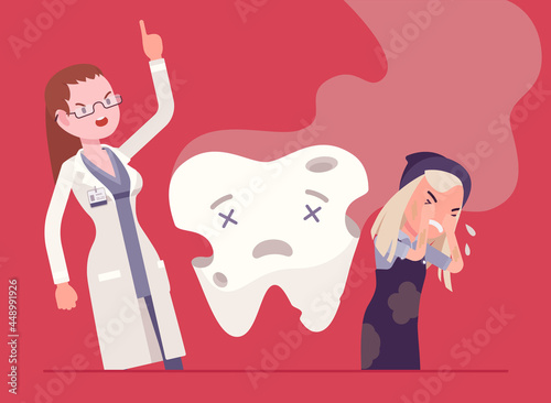 Child girl, angry dentist doctor, unhealthy rotten tooth smell. Female stomatologist scolding child for bad care at medical examination of dental treatment, medical consultation. Vector illustration