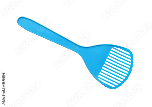 Light blue plastic scoop for cat litter isolated on white  top view