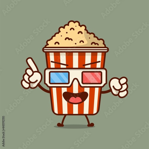 Cute popcorn cartoon character in red bucket box cinema snack vector illustration 