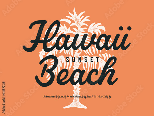 Hawaii Sunset Beach. Original Monoline Script Font. Vector Illustration.