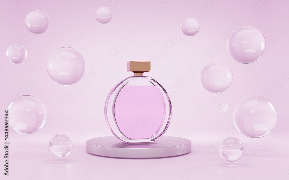 Illustrazione Stock Perfume bottle on podium with clear water drops or air  bubbles, mock up banner. Glass round container with pink liquid, woman  fragrance, floral essence, product ad display. Realistic 3d illustration