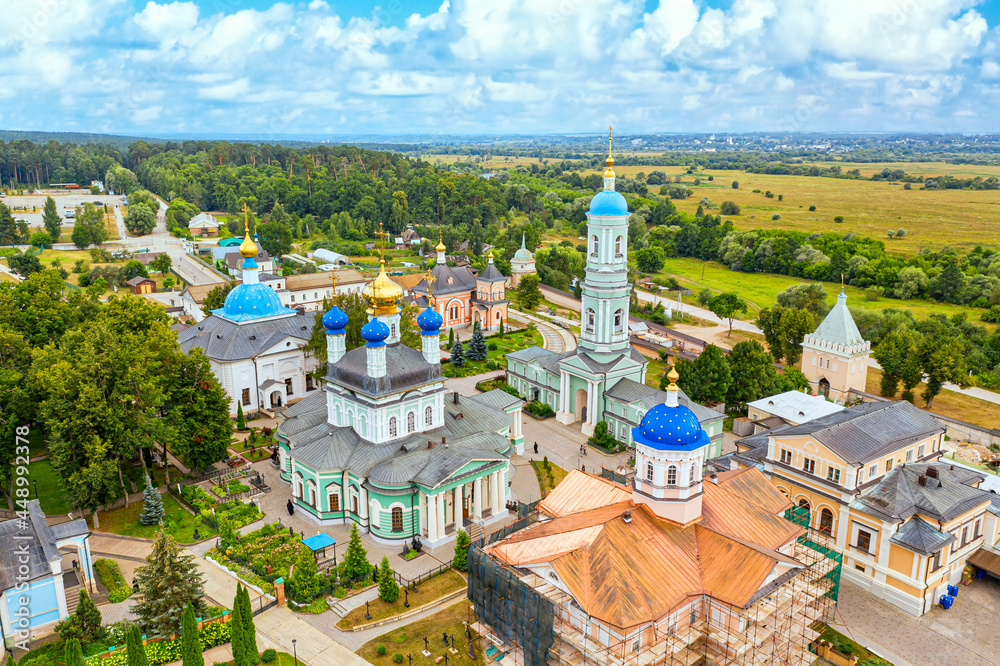 Aerial drone view of the Optina Pustyn Orthodox male monastery Kozelsk, Russia.