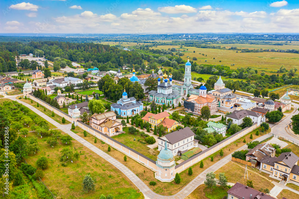 Aerial drone view of the Optina Pustyn Orthodox male monastery Kozelsk, Russia.