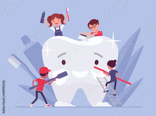 Happy children keep tooth clean by brushing, holding toothpaste, toothbrush. Little happy kids in careful toothbrushing routine, good oral care and hygiene, stomatology treat. Vector illustration