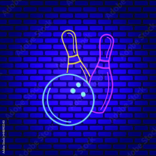 neon bowling alley icons signboard, banner on dark brick wall