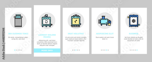 Cheese Production Onboarding Mobile App Page Screen Vector. Cheese Preparing Factory Industrial Equipment And Refrigerator, Heating And Cheesemaking Machine Illustrations
