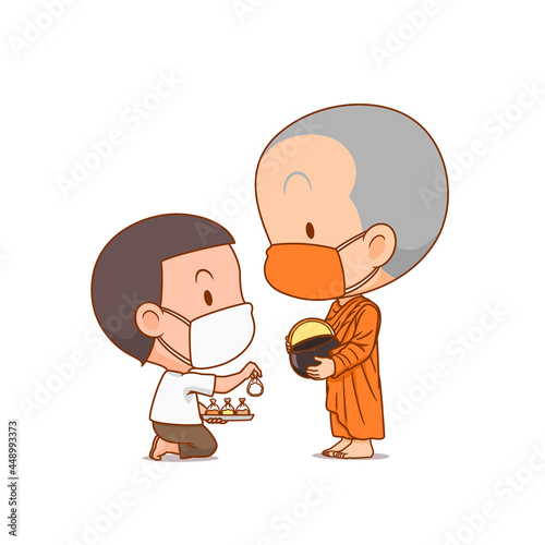 Cartoon character of Buddhist monks receive food from a boy, they both are wearing mask.