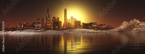 Night city on the sandy coast of the ocean, 3D rendering