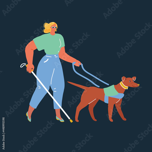 Vector illustration of woman being guided by a dog over dark backround.