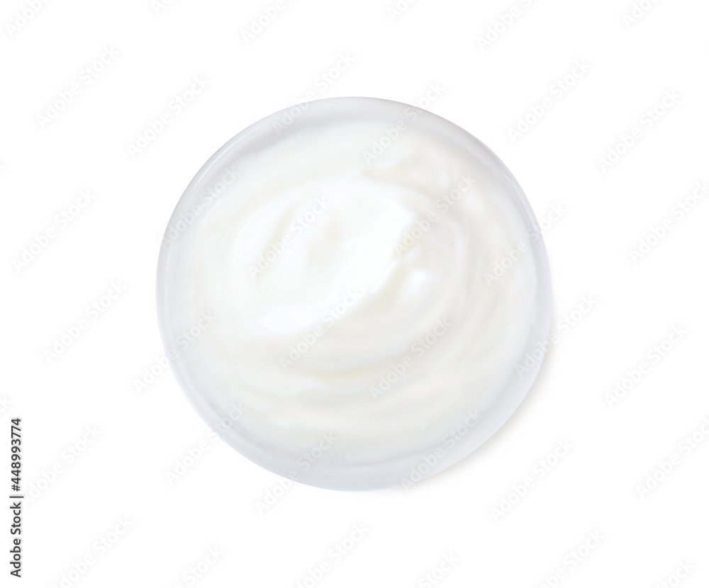 Delicious sour cream in bowl on white background, top view Delicious sour cream in bowl on white background, top view