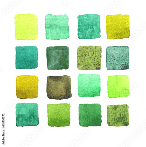 Sixteen green squares. Shades of green. Palette of green shades. Watercolor background