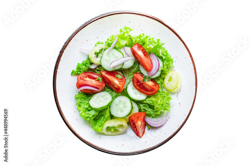 salad vegetable tomato, cucumber, pepper, onion, lettuce meal snack copy space food background rustic. top view keto or paleo diet veggie vegan or vegetarian food 