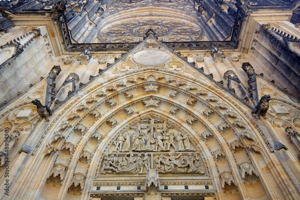 Saint Vitus Cathedral's portal with the relief of Crucifixion, Prague, Czech Republic