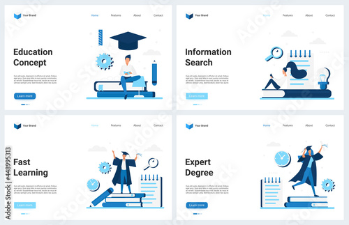 Education in school college university, learn study technology vector illustration. Cartoon modern educational concept landing page set with information search, professional expert graduate student