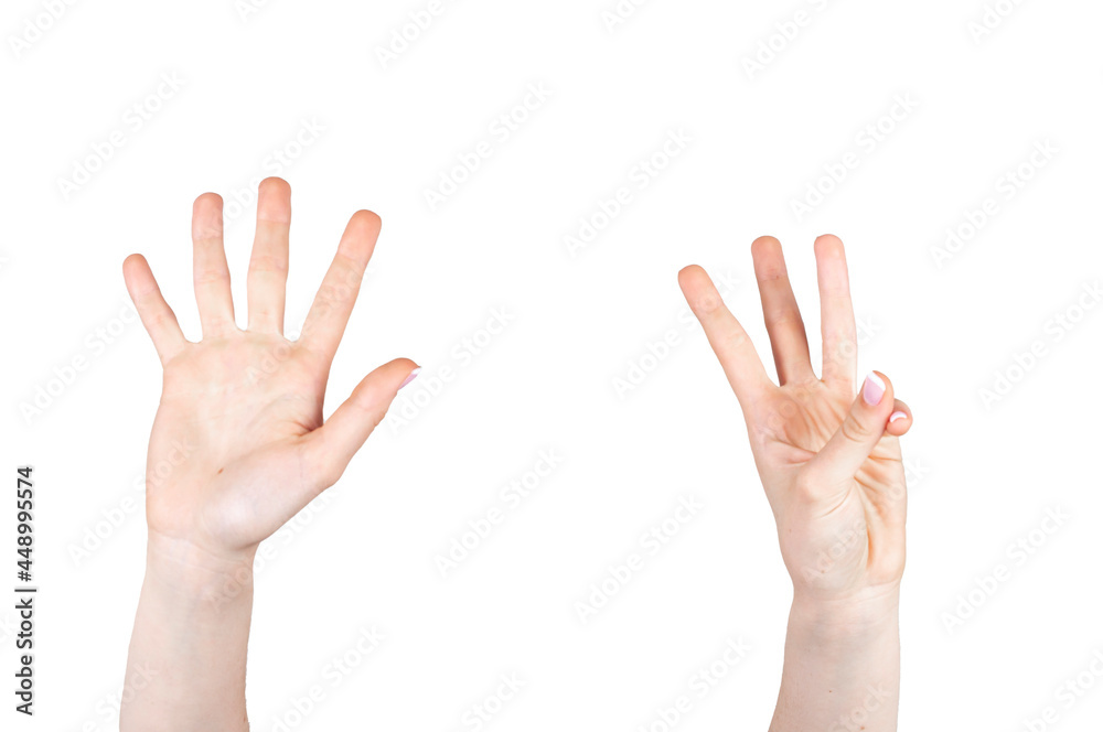 Hands with eight fingers raised on white background isolated. Concept hands and body parts. Hands with eight fingers raised on white background isolated. Concept hands and body parts.