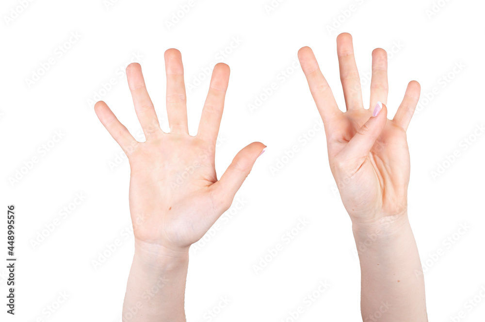 Hands with nine fingers raised on white background isolated. Concept hands and body parts. Hands with nine fingers raised on white background isolated. Concept hands and body parts.