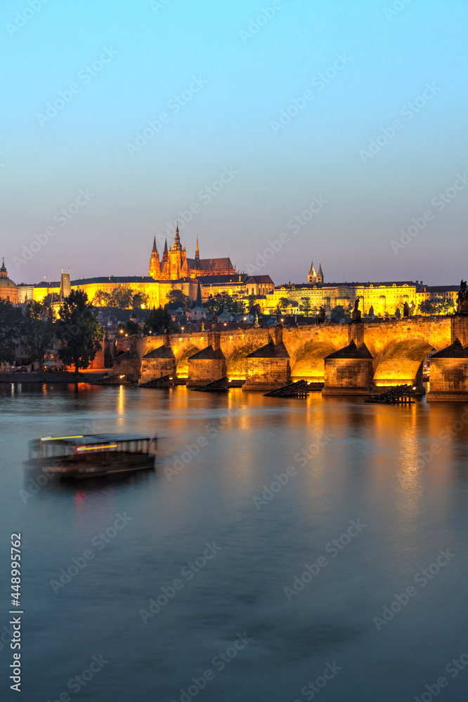 Saint Vitus Cathedral and Charles Bridge at dusk, Prague, Czech Republic