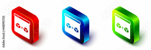 Isometric 3D printer perfect copy icon isolated on white background. 3d printing. Red, blue and green square button. Vector