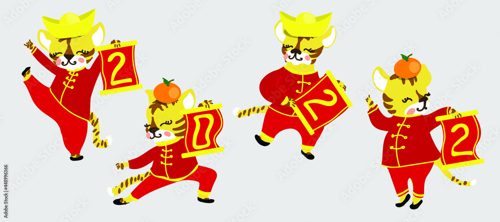 The Little Tigers with Chinese scroll 2022 and with gold and orange. Chinese New Year. Gong Xi Fa Cai. The year of Tiger. Vector illustration for red envelope, card