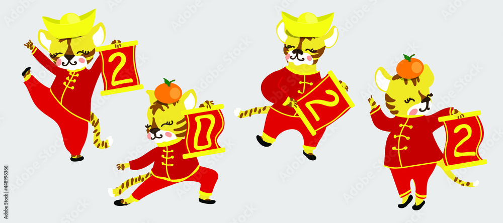 Naklejka premium The Little Tigers with Chinese scroll 2022 and with gold and orange. Chinese New Year. Gong Xi Fa Cai. The year of Tiger. Vector illustration for red envelope, card