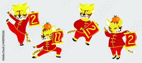 The Little Tigers with Chinese scroll 2022 and with gold and orange. Chinese New Year. Gong Xi Fa Cai. The year of Tiger. Vector illustration for red envelope  card
