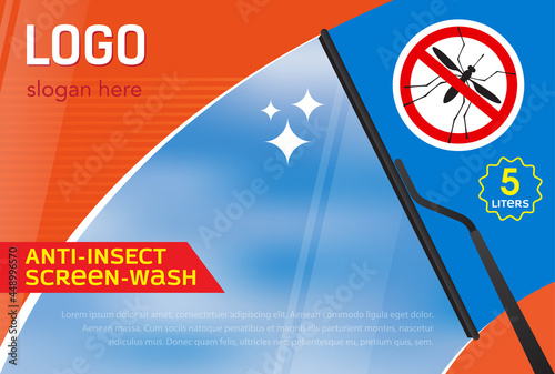 Windshield wiper label template from mosquitoes, insects. Concept for cleaning products, screen wash, polishing, nano-coatings. Vector, illustration