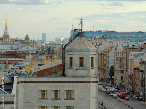 The architecture of buildings in St. Petersburg is a top view, an old single building. Beautiful houses of St. Petersburg. The urban landscape created under Peter the Great.