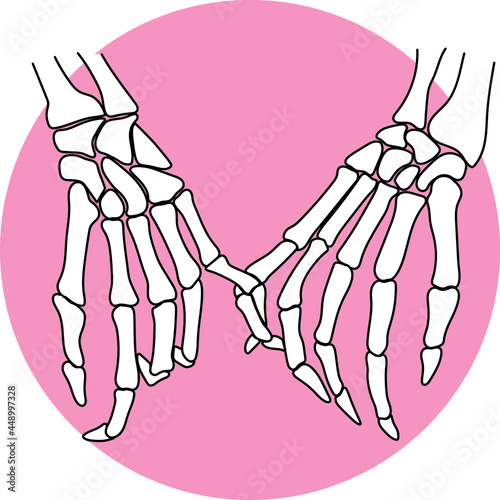 Two skeleton hands holding pinkies romance art valentines day cute