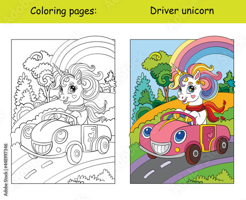 Coloring and color unicorn drive a car