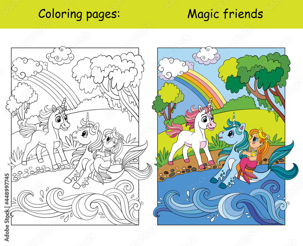 Coloring and color unicorn, seahorse and mermaid